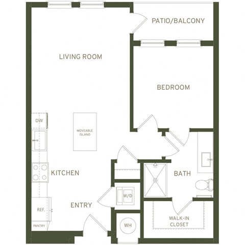 Floor plan for 1 bed, 1 bath, 666 sqft
